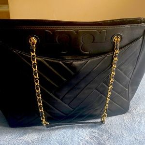 Tory Burch Large Tote Black Leather Purse with chain strap